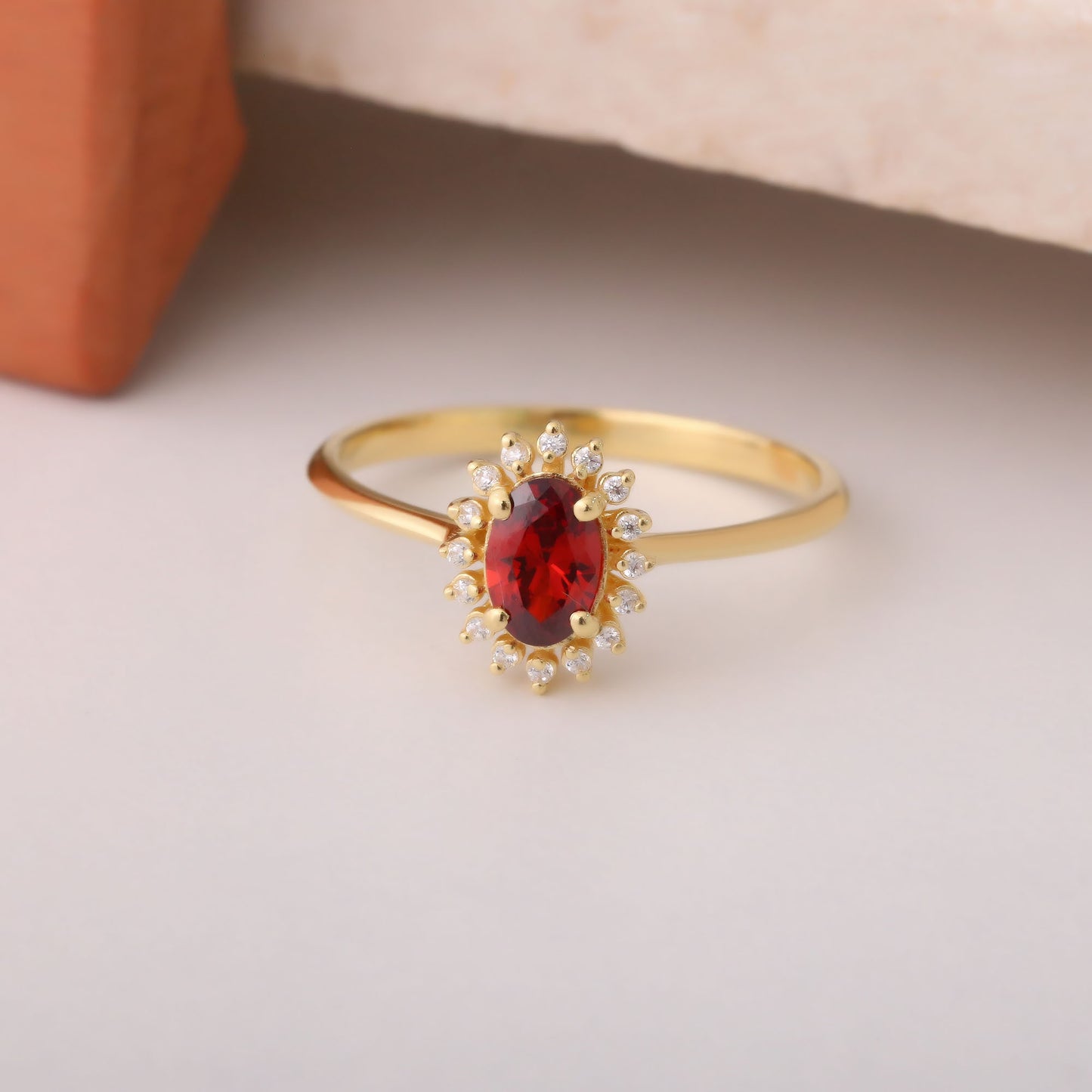 Garnet Oval Ring 14K Solid Gold Surrounded by Real Diamonds, January Birthstone Gift