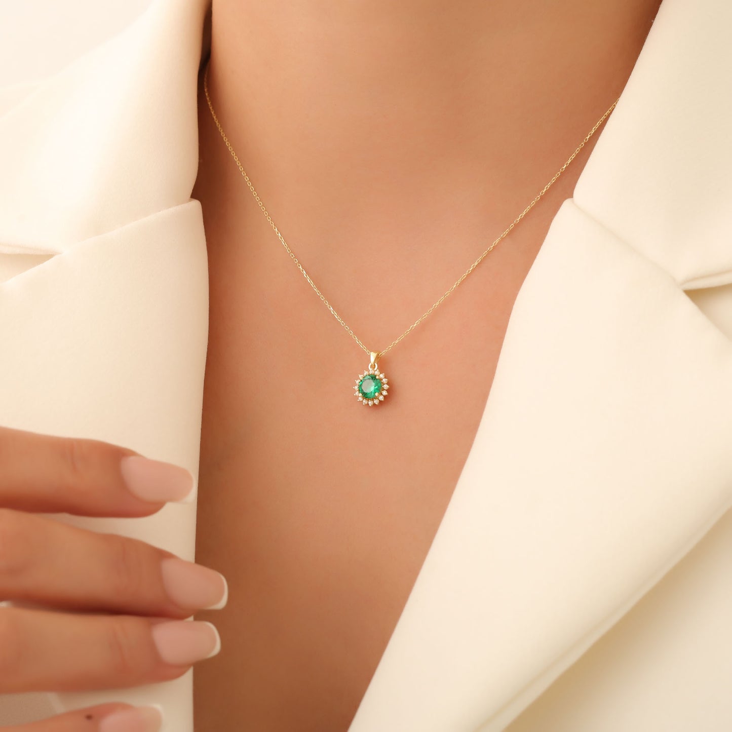 14K Solid Gold Emerald Necklace in Round Shape Surrounded by Real Diamonds, May Birthstone Jewelry