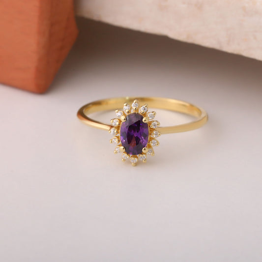 Amethyst Oval Ring 14K Solid Gold Surrounded by Real Diamonds, February Birthstone Gift