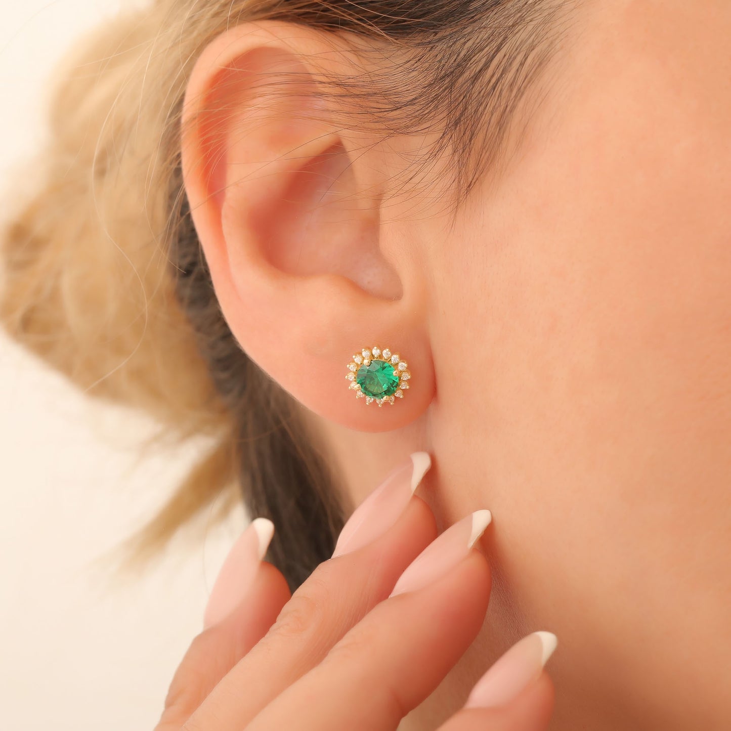 14K Solid Gold Emerald Stud Earrings in Round Shape Surrounded by Real Diamonds, May Birthstone Jewelry