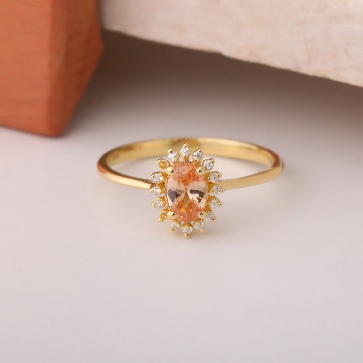 Citrine Oval Ring 14K Solid Gold Surrounded by Real Diamonds, November Birthstone Gift