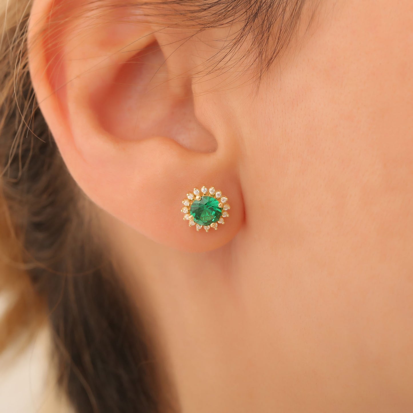 14K Solid Gold Emerald Stud Earrings in Round Shape Surrounded by Real Diamonds, May Birthstone Jewelry