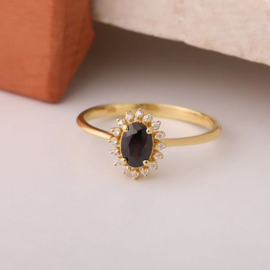 Smoky Quartz Oval Ring 14K Solid Gold Surrounded by Real Diamonds