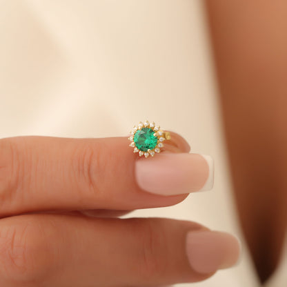 14K Solid Gold Emerald Stud Earrings in Round Shape Surrounded by Real Diamonds, May Birthstone Jewelry