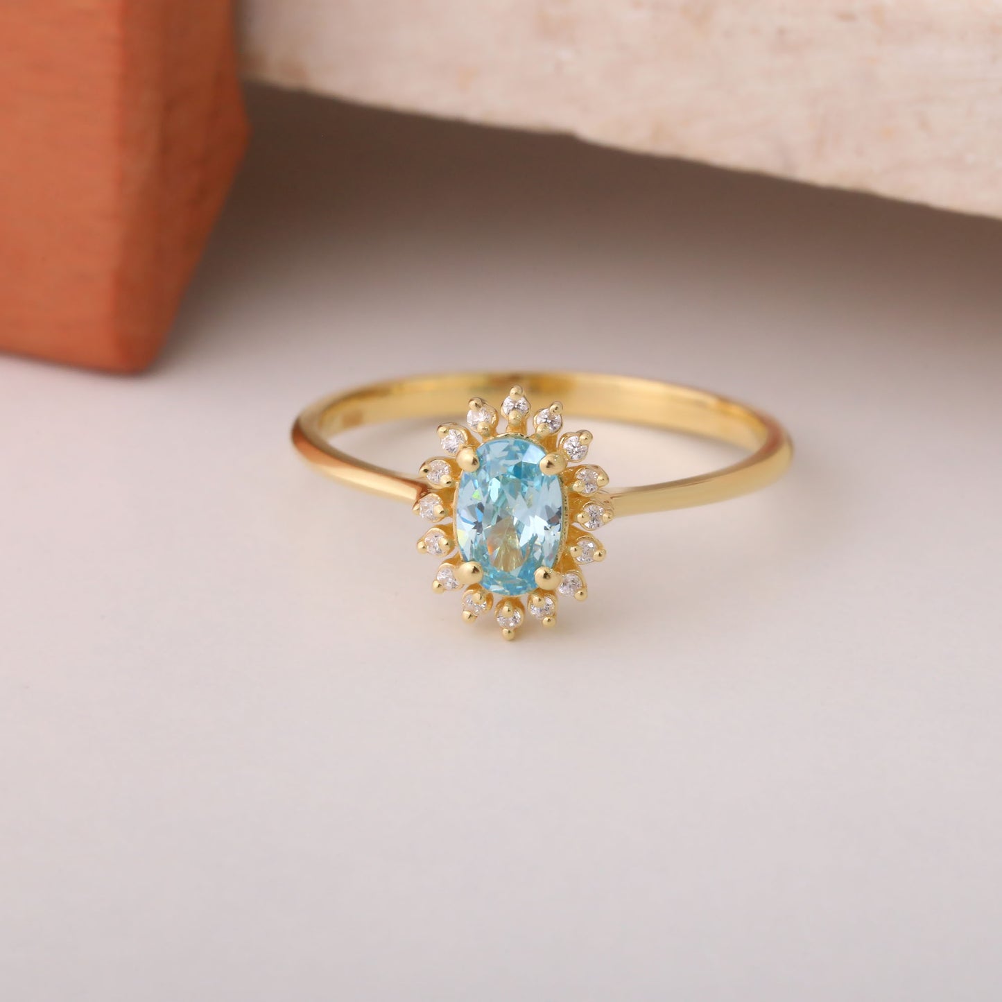 Aquamarine Oval Ring 14K Solid Gold Surrounded by Real Diamonds, March Birthstone Gift