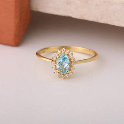 Aquamarine Oval Ring 14K Solid Gold Surrounded by Real Diamonds, March Birthstone Gift