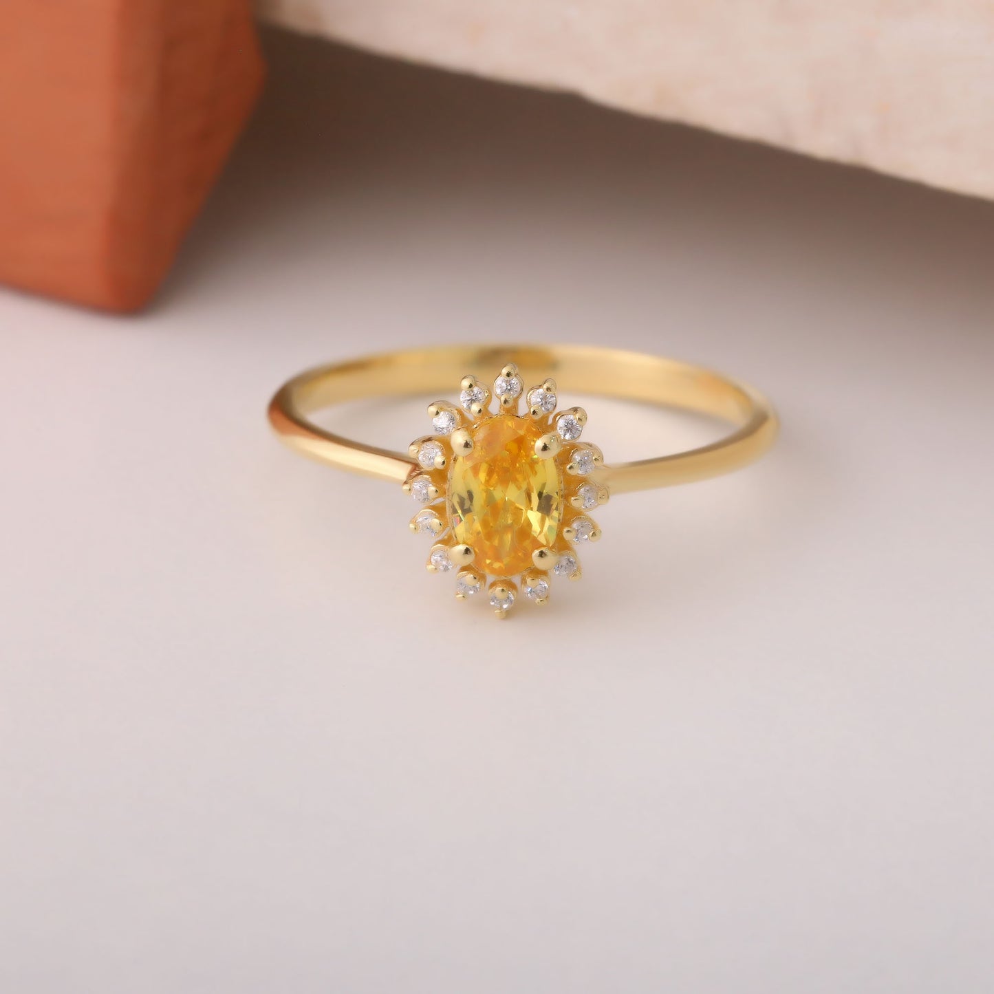 Yellow Topaz Oval Ring 14K Solid Gold Surrounded by Real Diamonds