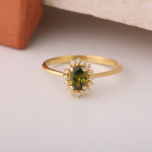 Peridot Oval Ring 14K Solid Gold Surrounded by Real Diamonds, August Birthstone Gift