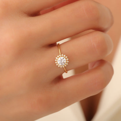 White Topaz Ring in Round 14K Solid Gold Shape Surrounded by Real Diamonds, April Birthstone