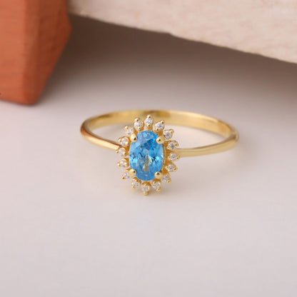 Blue Topaz Oval Ring 14K Solid Gold Surrounded by Real Diamonds, December Birthstone Gift