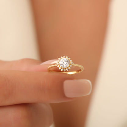 White Topaz Ring in Round 14K Solid Gold Shape Surrounded by Real Diamonds, April Birthstone