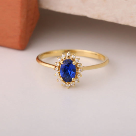 Sapphire Oval Ring 14K Solid Gold Surrounded by Real Diamonds, September Birthstone Gift