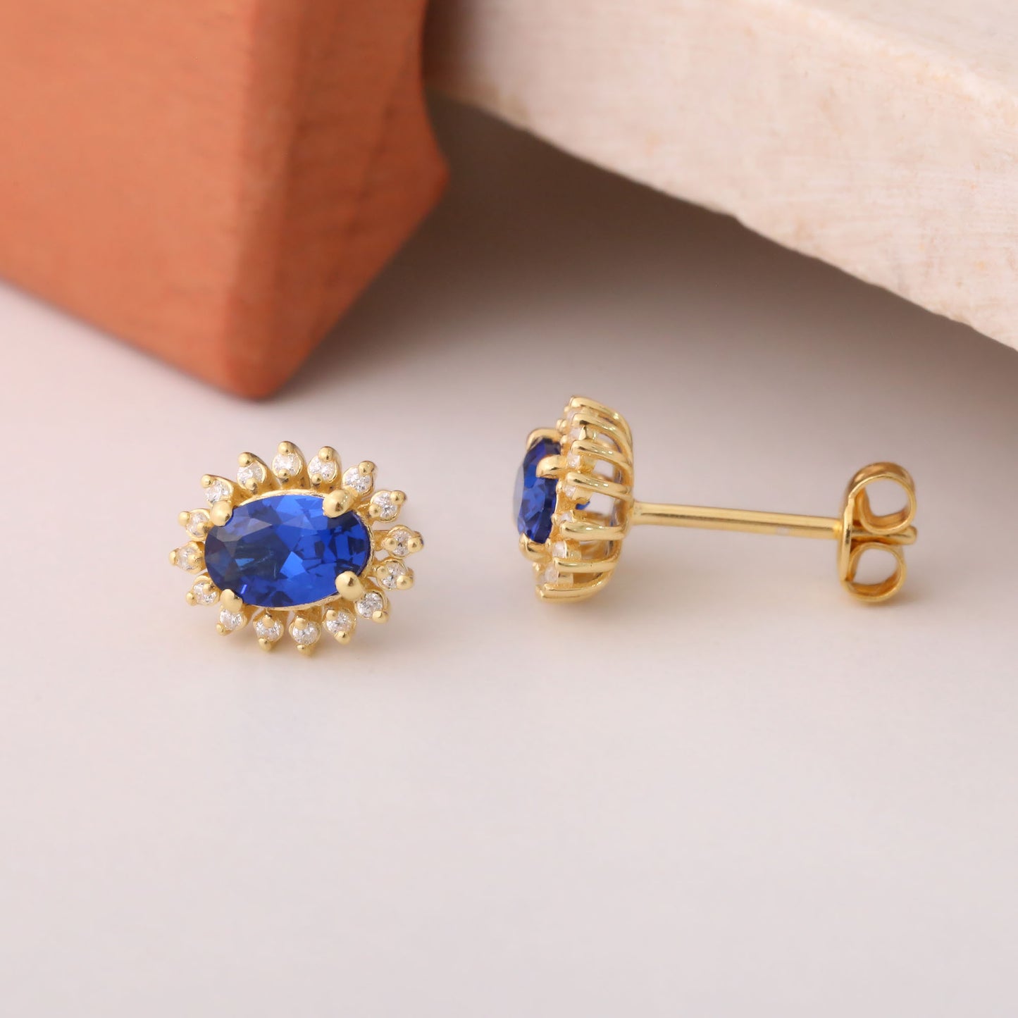 Oval Cut Sapphire Stud Earring Surrounded by Real Diamonds, 14K Solid Gold, September Birthstone