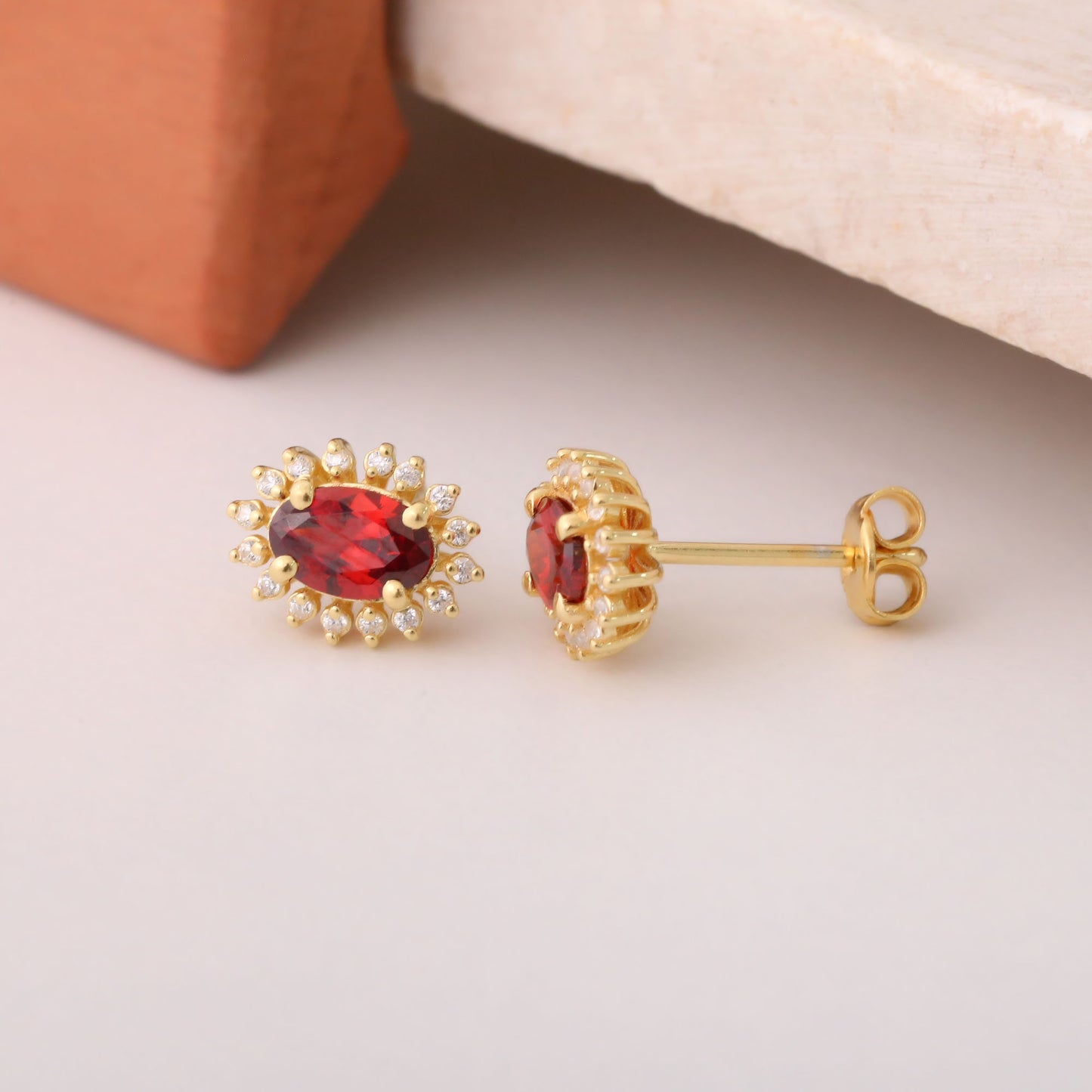 Oval Cut Garnet Stud Earring Surrounded by Real Diamonds, 14K Solid Gold, January Birthstone