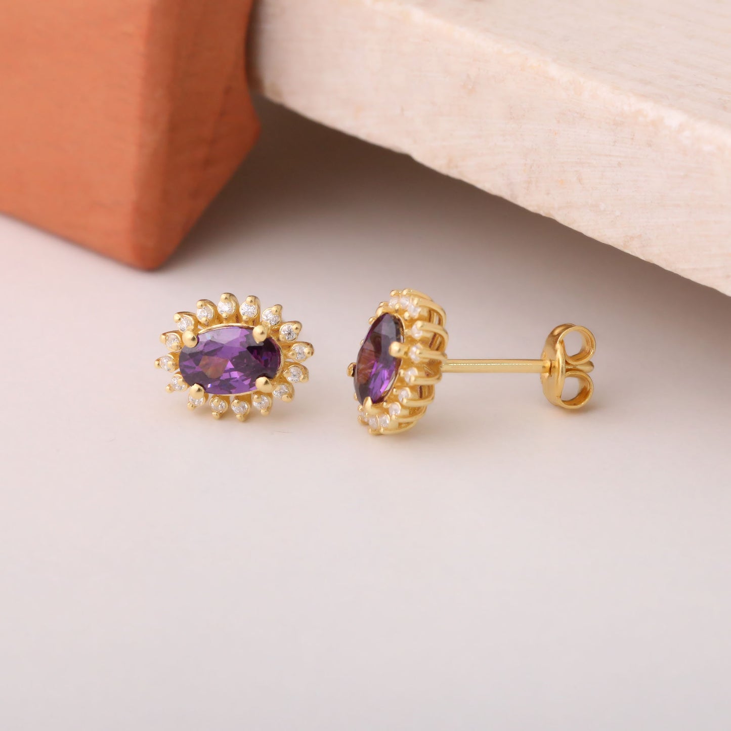 Oval Cut Amethyst Stud Earring Surrounded by Real Diamonds, 14K Solid Gold, February Birthstone