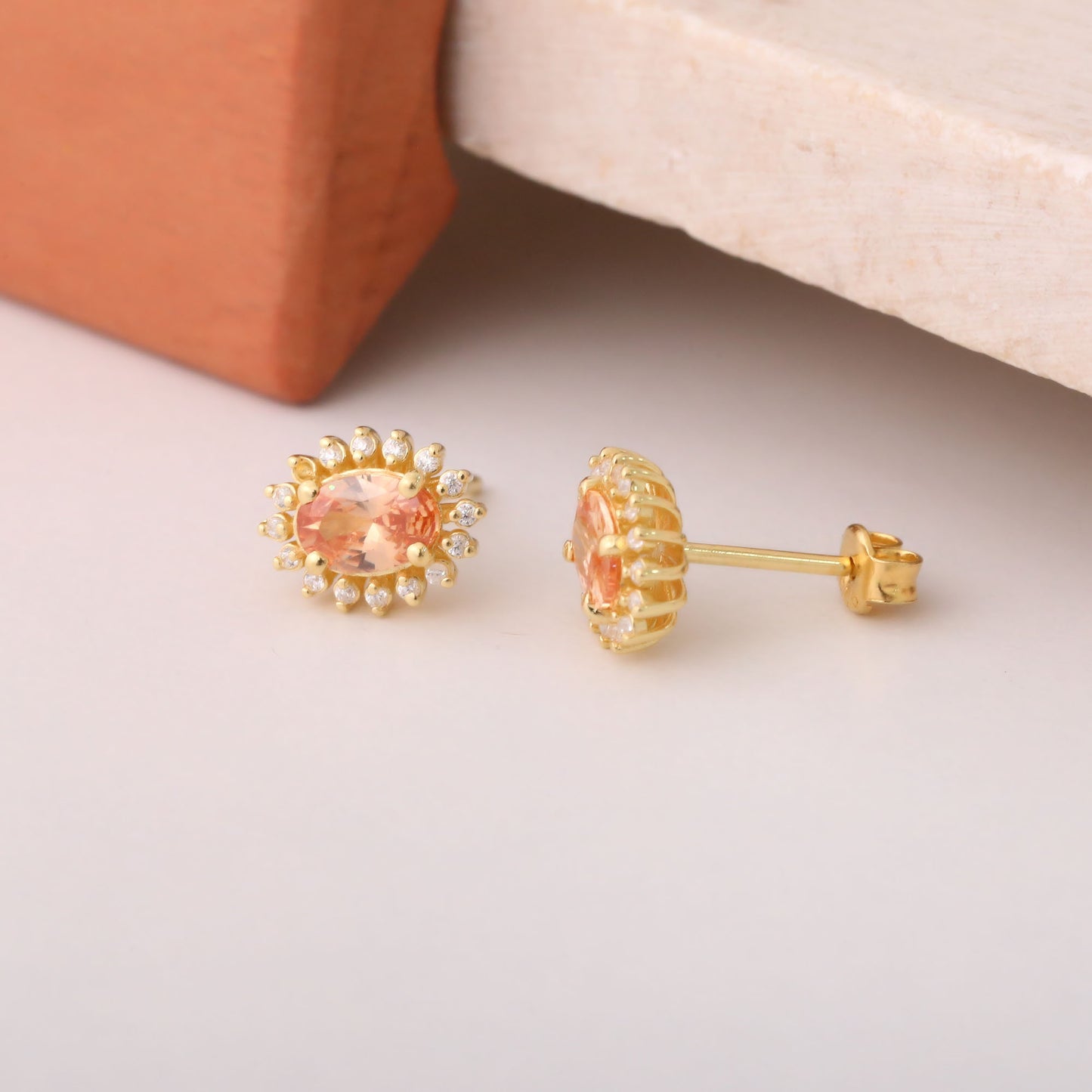 Oval Cut Citrine Stud Earring Surrounded by Real Diamonds, 14K Solid Gold, November Birthstone