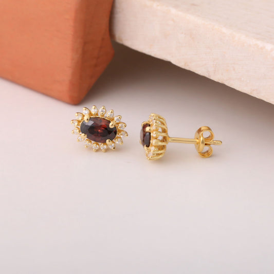 Oval Cut Smoky Quartz Stud Earring Surrounded by Real Diamonds, 14K Solid Gold