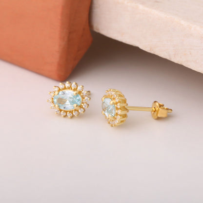 Oval Cut Aquamarine Stud Earring Surrounded by Real Diamonds, 14K Solid Gold, March Birthstone