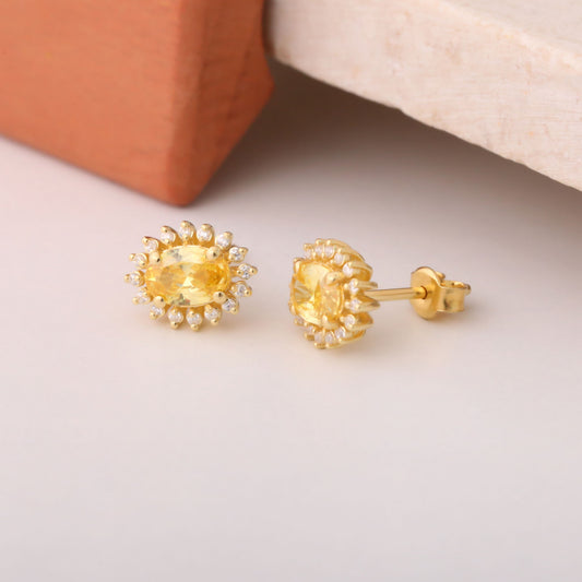 Oval Cut Yellow Topaz Stud Earring Surrounded by Real Diamonds, 14K Solid Gold