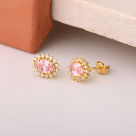 Oval Cut Pink Tourmaline Stud Earring Surrounded by Real Diamonds, 14K Solid Gold, October Birthstone