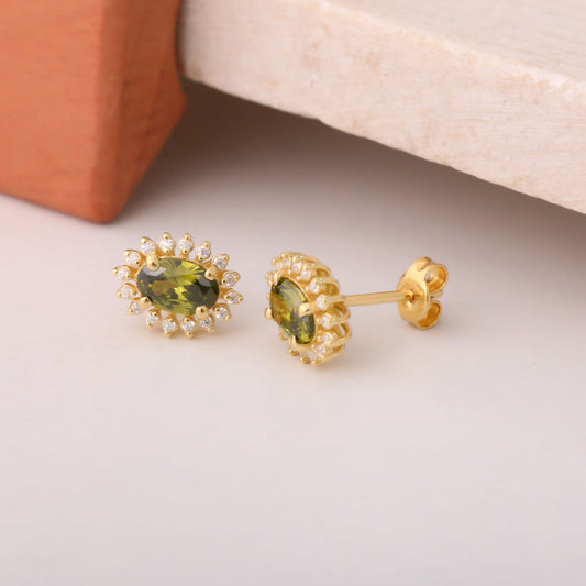 Oval Cut Peridot Stud Earring Surrounded by Real Diamonds, 14K Solid Gold, August Birthstone