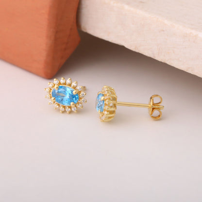 Oval Cut Blue Topaz Stud Earring Surrounded by Real Diamonds, 14K Solid Gold, December Birthstone