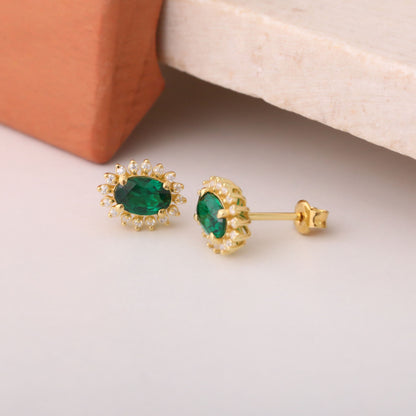 Oval Cut Emerald Stud Earring Surrounded by Real Diamonds, 14K Solid Gold, May Birthstone