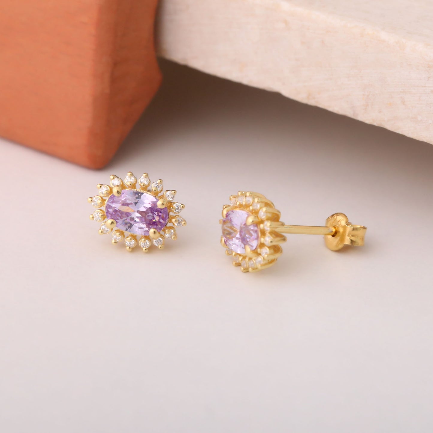 Oval Cut Alexandrite Stud Earring Surrounded by Real Diamonds, 14K Solid Gold, June Birthstone