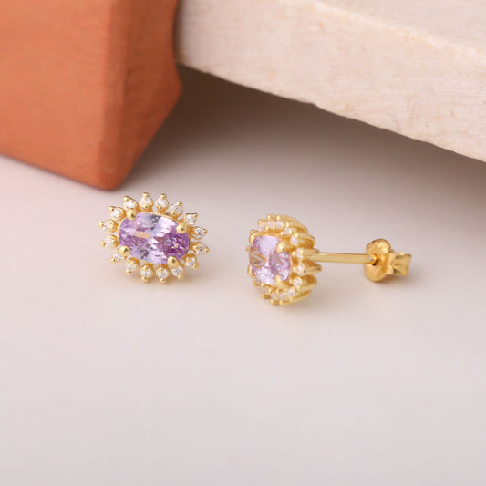 Oval Cut Alexandrite Stud Earring Surrounded by Real Diamonds, 14K Solid Gold, June Birthstone