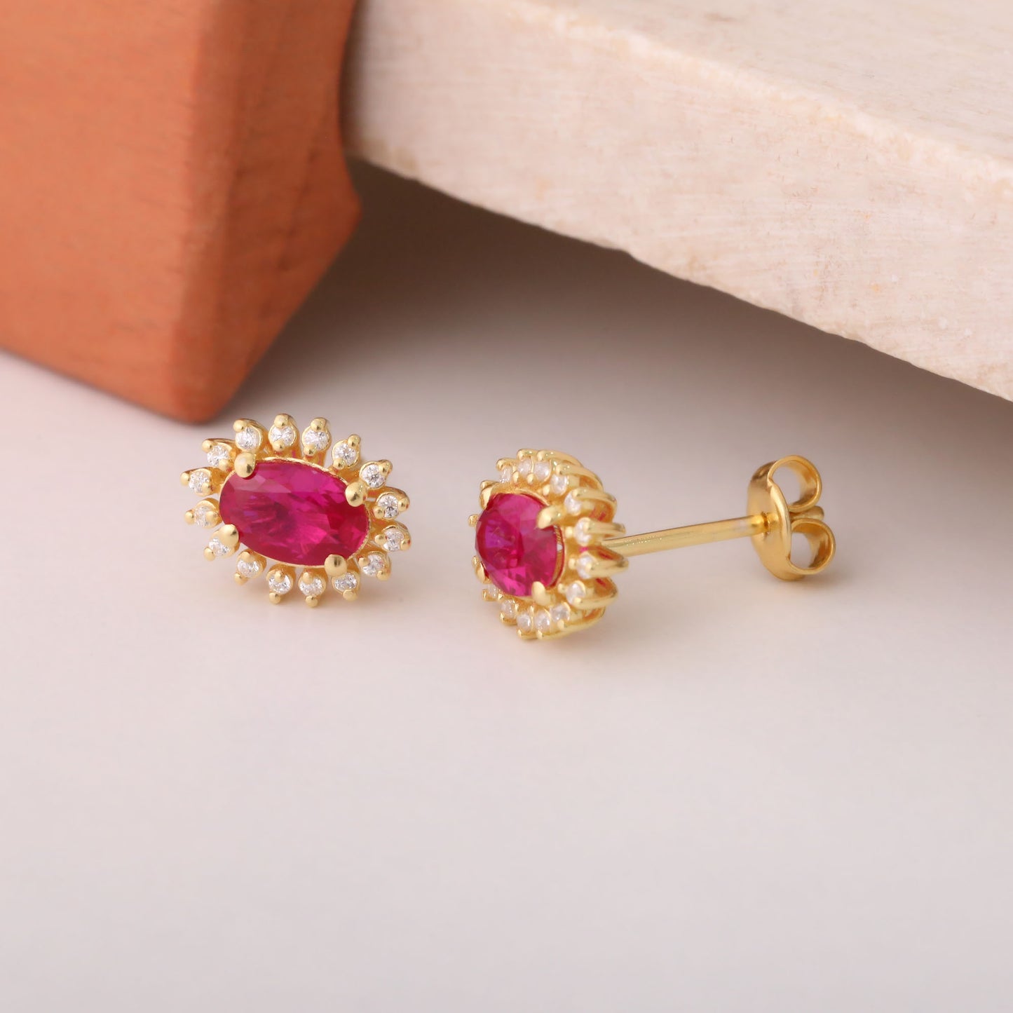 Oval Cut Ruby Stud Earring Surrounded by Real Diamonds, 14K Solid Gold, July Birthstone