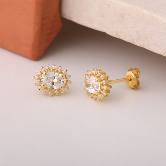 Oval Cut White Topaz Stud Earring Surrounded by Real Diamonds, 14K Solid Gold, April Birthstone