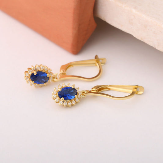 Oval Cut Sapphire Dangling Earring Surrounded by Real Diamonds, 14K Solid Gold, September Birthstone