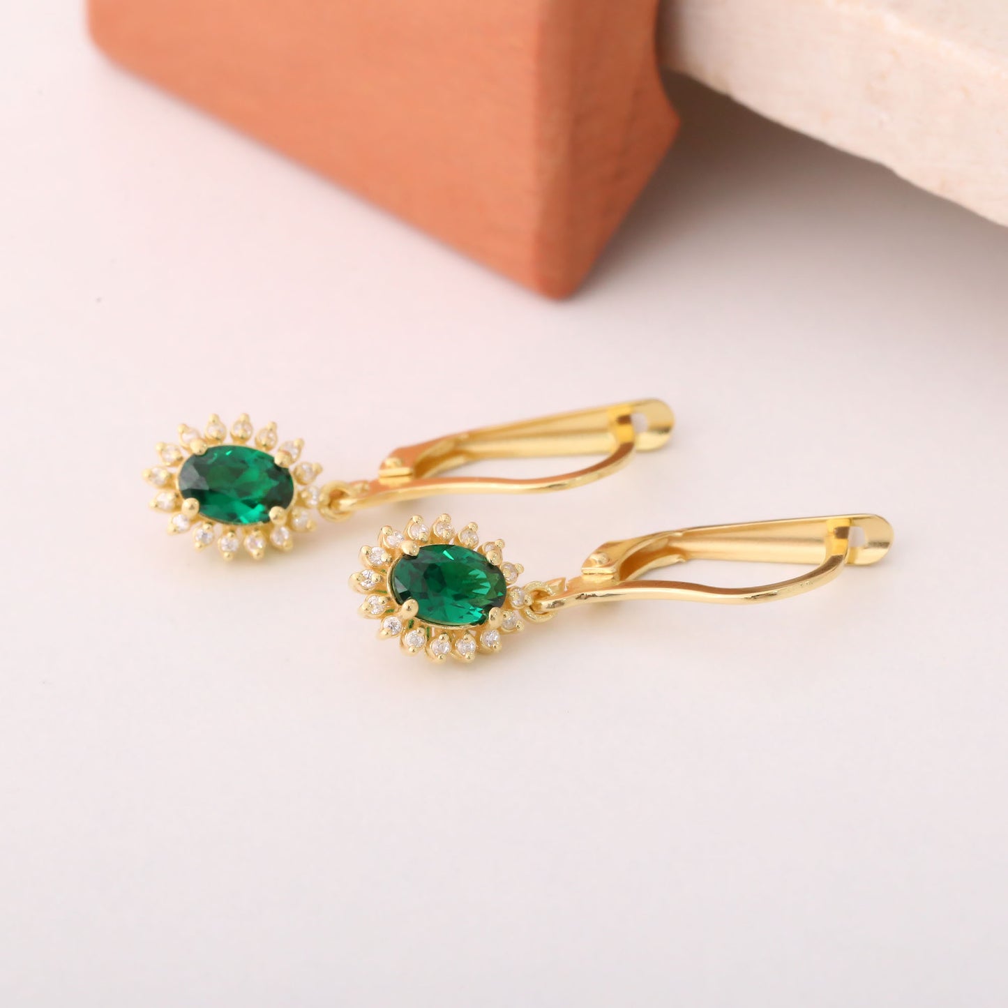 Oval Cut Emerald Dangling Earring Surrounded by Real Diamonds, 14K Solid Gold, May Birthstone