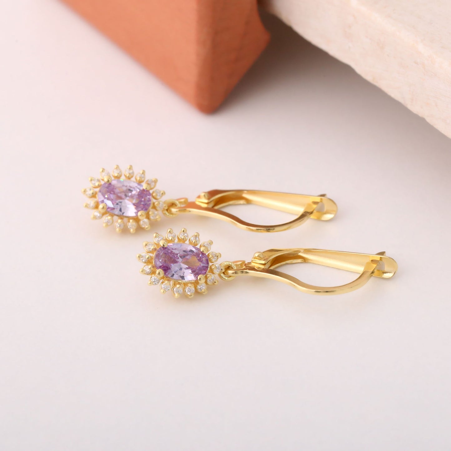 Oval Cut Alexandrite Dangling Earring Surrounded by Real Diamonds, 14K Solid Gold, June Birthstone