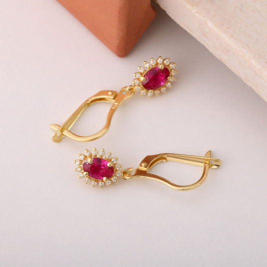 Oval Cut Ruby Dangling Earring Surrounded by Real Diamonds, 14K Solid Gold, July Birthstone