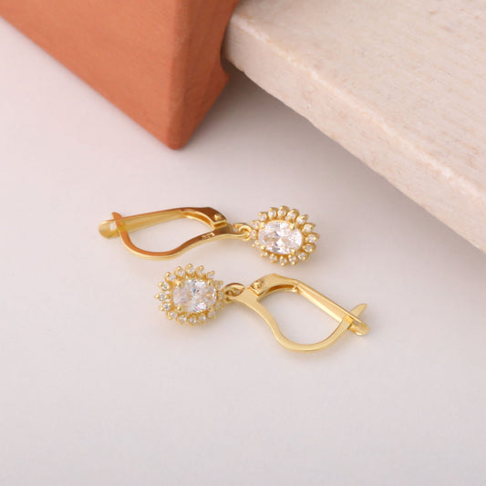 Oval Cut White Topaz Dangling Earring Surrounded by Real Diamonds, 14K Solid Gold, April Birthstone