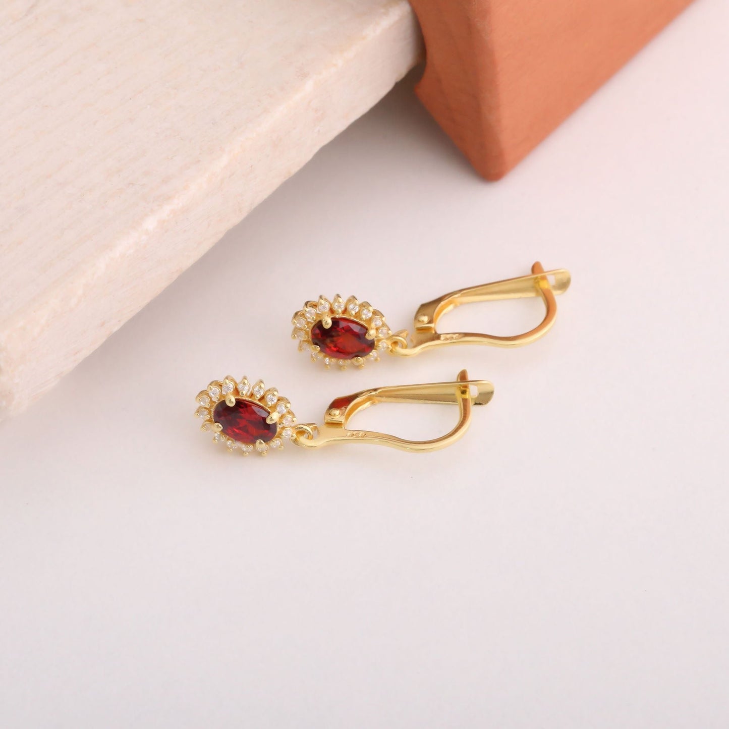 Oval Cut Garnet Dangling Earring Surrounded by Real Diamonds, 14K Solid Gold, January Birthstone