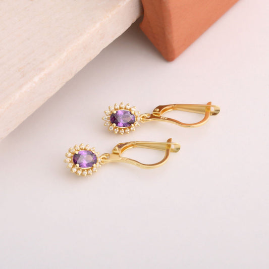 Oval Cut Amethyst Dangling Earring Surrounded by Real Diamonds, 14K Solid Gold, February Birthstone