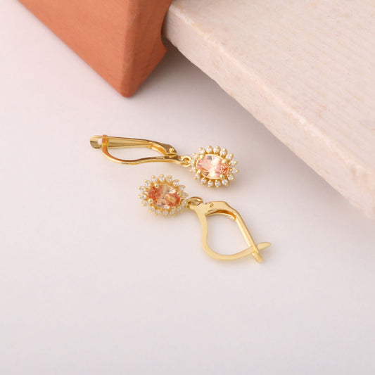 Oval Cut Citrine Dangling Earring Surrounded by Real Diamonds, 14K Solid Gold, November Birthstone