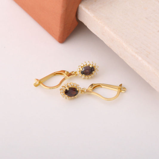 Oval Cut Smoky Quartz Dangling Earring Surrounded by Real Diamonds, 14K Solid Gold