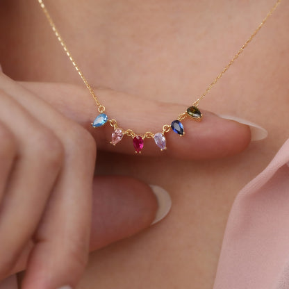 Personalized 14K Solid Gold Teardrop Birthstone Necklace, Choose 1-7 Gemstones