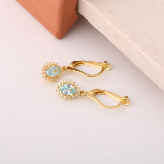 Oval Cut Aquamarine Dangling Earring Surrounded by Real Diamonds, 14K Solid Gold, March Birthstone