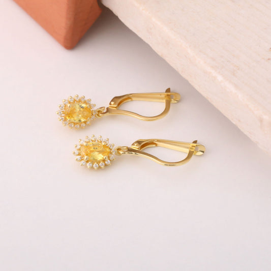 Oval Cut Yellow Topaz Dangling Earring Surrounded by Real Diamonds, 14K Solid Gold