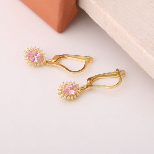 Oval Cut Pink Tourmaline Dangling Earring Surrounded by Real Diamonds, 14K Solid Gold, October Birthstone