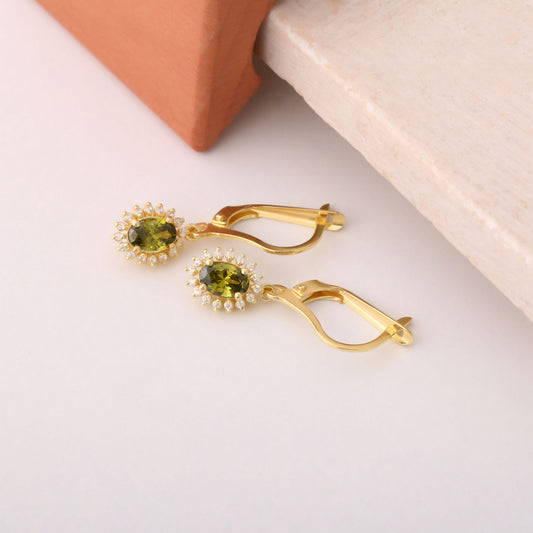 Oval Cut Peridot Dangling Earring Surrounded by Real Diamonds, 14K Solid Gold, August Birthstone