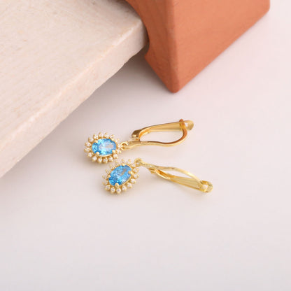 Oval Cut Blue Topaz Dangling Earring Surrounded by Real Diamonds, 14K Solid Gold, December Birthstone