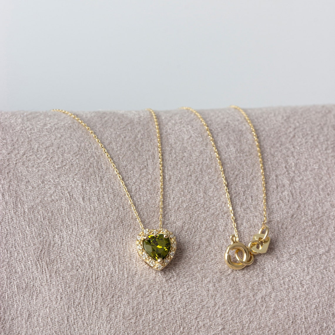 Peridot Heart Necklace with Real Diamond, 14K Solid Gold, August Birthstone