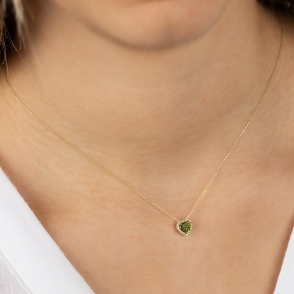 Peridot Heart Necklace with Real Diamond, 14K Solid Gold, August Birthstone