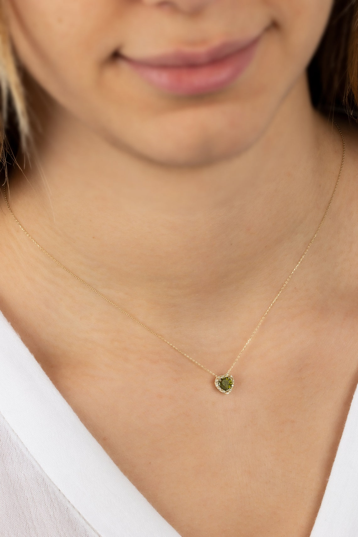 Peridot Heart Necklace with Real Diamond, 14K Solid Gold, August Birthstone