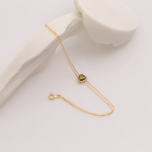 Peridot Heart Bracelet with Real Diamond, 14K Solid Gold, August Birthstone